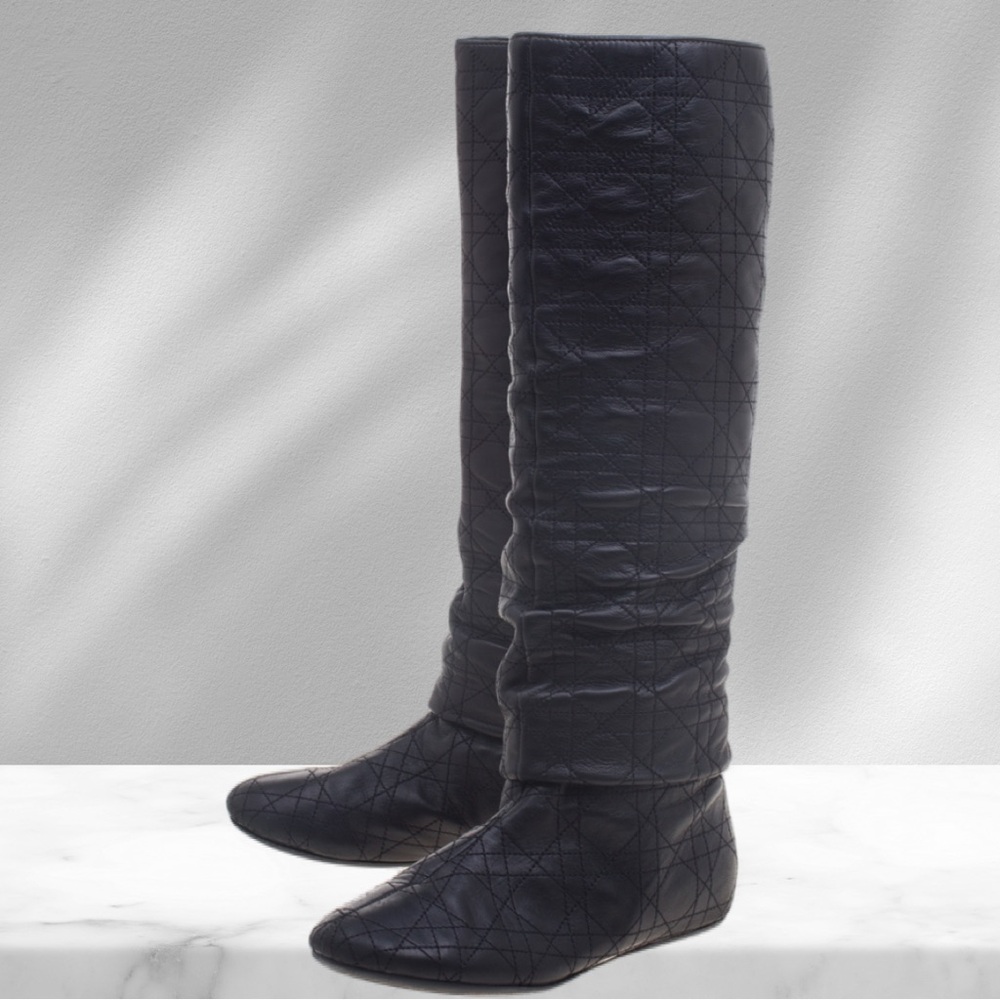 Christian Dior Cannage Quilted Brown Knee High Boots 35 1/2 - Picture 1 of 13